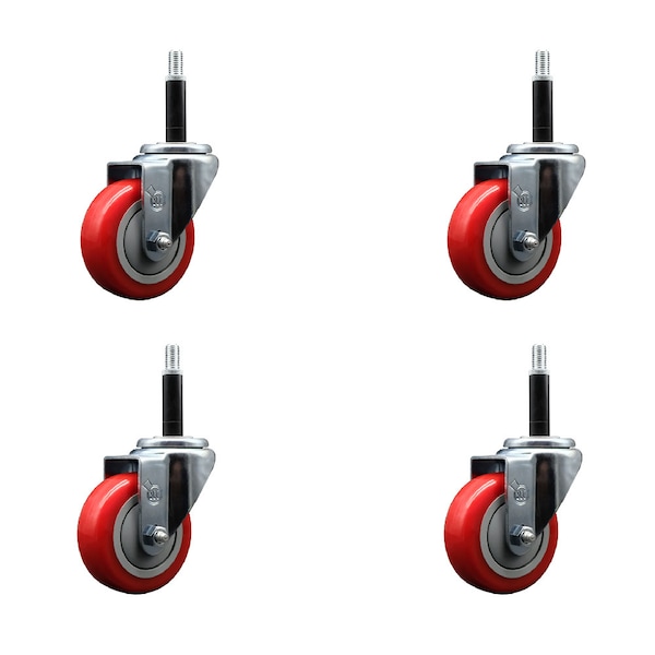 3.5'' SS Red Poly Wheel Swivel 3/4'' Expanding Stem Caster Set, 4PK